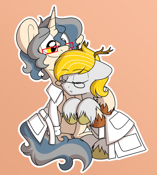 Size: 1200x1337 | Tagged: antlers, artist:sweetcleanfun, clothes, cute, deer pony, derpibooru import, floppy ears, hug, lab coat, oc, oc x oc, original species, safe, shipping, sleeping, tired, unofficial characters only, unshorn fetlocks