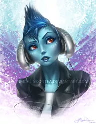 Size: 835x1080 | Tagged: artist:imdrunkontea, bronycan, bust, charity, clothes, derpibooru import, gauntlet of fire, headphones, human, humanized, jacket, leather jacket, listening, portrait, princess ember, print, punk, safe, signature, solo, watermark