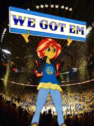 Size: 950x1278 | Tagged: safe, artist:manly man, derpibooru import, edit, sunset shimmer, equestria girls, basketball, cleveland cavaliers, exploitable meme, golden state warriors, meme, nba, nba finals, photo, sign, solo, sports, sunset's board, traditional art