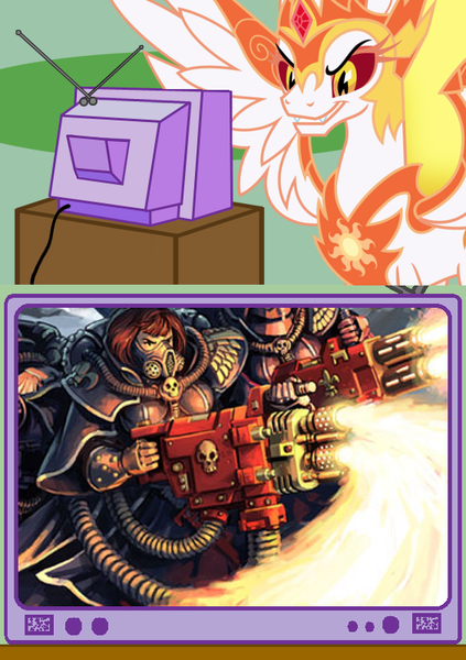 Size: 564x800 | Tagged: safe, artist:pink1ejack, derpibooru import, daybreaker, pony, a royal problem, adepta sororitas, armor, exploitable meme, fire, flamer, flamethrower, heavy flamer, melta, meme, multi-melta, obligatory pony, power armor, sixty multi meltas, tv meme, warhammer (game), warhammer 40k, weapon