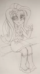 Size: 1102x2000 | Tagged: safe, artist:mrtheamazingdude, artist:mtad2, derpibooru import, angel bunny, fluttershy, equestria girls, monochrome, sitting, solo, traditional art