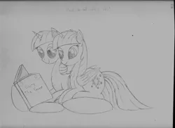 Size: 7014x5100 | Tagged: safe, artist:taurson, derpibooru import, twilight sparkle, twilight sparkle (alicorn), twilight velvet, alicorn, pony, unicorn, absurd resolution, book, cute, female, mare, monochrome, mother and daughter, reading, traditional art