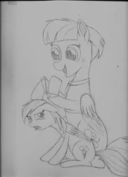 Size: 5100x7014 | Tagged: safe, artist:taurson, derpibooru import, rainbow dash, windy whistles, pegasus, pony, absurd resolution, annoyed, female, mare, monochrome, mother and daughter, open mouth, smiling, traditional art, younger