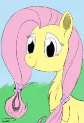 Size: 697x1018 | Tagged: safe, artist:taurson, derpibooru import, fluttershy, pegasus, pony, alternate hairstyle, bust, cute, female, hair tie, mare, pigtails, portrait, smiling, solo