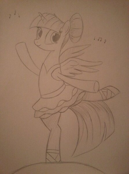 Size: 714x960 | Tagged: safe, artist:taurson, derpibooru import, twilight sparkle, twilight sparkle (alicorn), alicorn, pony, a royal problem, ballerina, female, mare, monochrome, music notes, traditional art, tutu, twilarina