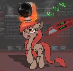 Size: 2000x1939 | Tagged: safe, artist:orang111, derpibooru import, oc, oc:a-10, oc:trinity, ponified, unofficial characters only, earth pony, object pony, original species, pony, amd, bios, blushing, brown coat, chest fluff, cooling fan, cpu, cpu pony, ear fluff, open mouth, overclocking, raised hoof, red mane, software, solo, tongue out