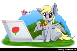 Size: 1209x800 | Tagged: safe, artist:clouddg, derpibooru import, derpy hooves, pegasus, pony, rock solid friendship, chest fluff, cute, eating, female, food, mare, pizza, pizza box, sitting, solo, underhoof