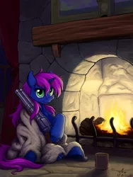 Size: 1350x1800 | Tagged: safe, artist:amarynceus, deleted from derpibooru, derpibooru import, oc, oc:crystal dew, unofficial characters only, pony, unicorn, blanket, chest fluff, cloven hooves, commission, double barreled shotgun, female, fireplace, gun, looking at you, mare, mug, shotgun, solo, unshorn fetlocks, weapon