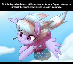 Size: 2400x2100 | Tagged: safe, artist:captainpudgemuffin, derpibooru import, cloudchaser, pegasus, pony, cloud, commission, cute, cutechaser, female, flying, innocence, mare, rain, solo, spread wings, thought bubble, wings