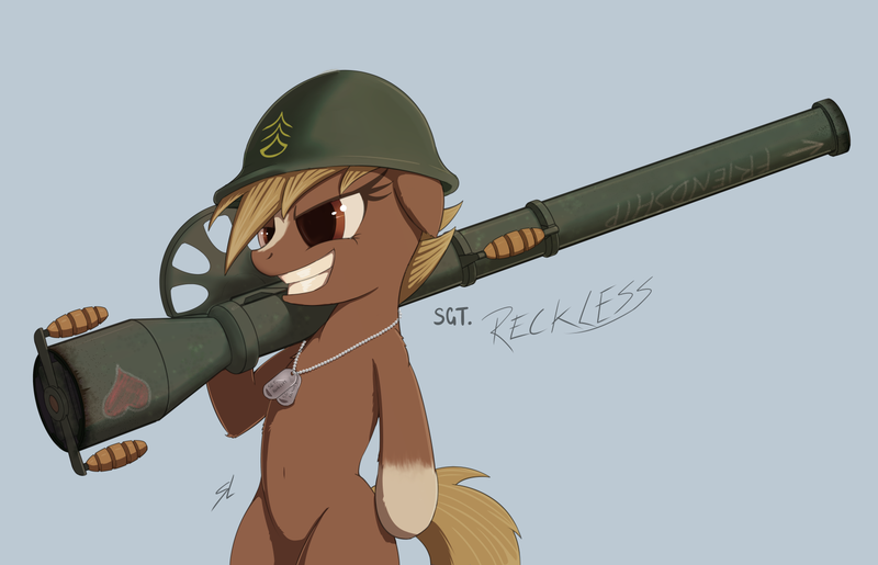 Size: 1489x958 | Tagged: source needed, safe, artist:lockerobster, artist:transgressors-reworks, derpibooru import, ponified:sgt. reckless, pony, dog tags, grin, gun, heart, helmet, recoilless rifle, smiling, solo, warpone, weapon