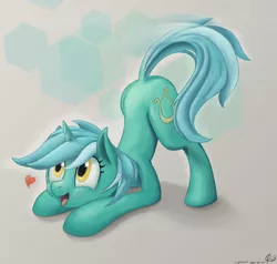 Size: 2000x1900 | Tagged: safe, artist:meater6, deleted from derpibooru, derpibooru import, lyra heartstrings, pony, unicorn, behaving like a dog, cute, face down ass up, heart, lyrabetes, simple background, smiling, solo, tail wag
