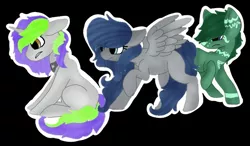 Size: 768x449 | Tagged: safe, artist:maydeathdousapart, derpibooru import, oc, oc:frenzy nuke, unnamed oc, unofficial characters only, earth pony, pegasus, pony, unicorn, base used, collar, simple background