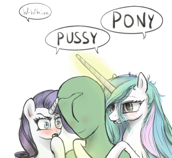 Size: 2000x1830 | Tagged: questionable, artist:plotcore, derpibooru import, princess celestia, rarity, oc, oc:anon, alicorn, human, pony, unicorn, anon gets all the mares, blushing, drool, female, glowing horn, horse pussy, human male, human male on mare, human on pony action, implied masturbation, interspecies, magic, magical stimulation, male, mare, messy mane, straight