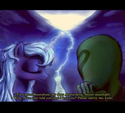 Size: 3947x3547 | Tagged: safe, artist:plotcore, derpibooru import, princess luna, oc, oc:anon, alicorn, human, pony, alcohol, blushing, dialogue, eyes closed, female, human male, magic, male, mare, moon, moonshine, subtitles, telekinesis