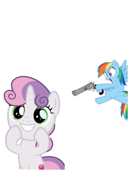 Size: 3106x4096 | Tagged: semi-grimdark, derpibooru import, rainbow dash, sweetie belle, pony, absurd resolution, abuse, ambassador, forced meme, gun, meme, rainbow dash with a gun, sweetiebuse, team fortress 2, this will end in death, weapon, why