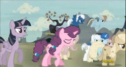 Size: 480x255 | Tagged: safe, derpibooru import, edit, screencap, applejack, double diamond, fluttershy, night glider, party favor, pinkie pie, rainbow dash, rarity, sugar belle, twilight sparkle, twilight sparkle (alicorn), alicorn, pony, the cutie map, animated, arrow, arrowverse, crossover, cw, dc comics, equal cutie mark, gif, green arrow, nanites, oh come on, oliver queen, ray palmer, stephen amell, the flash