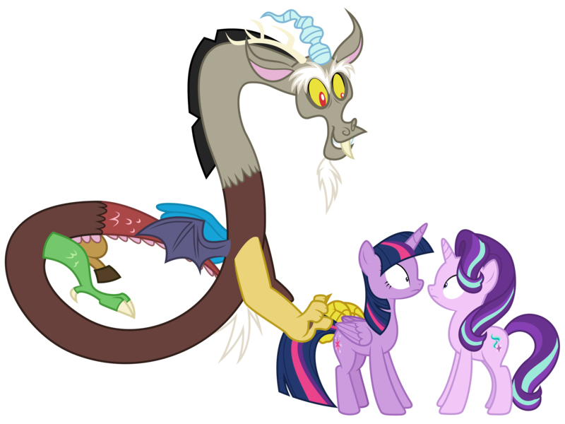 Size: 5922x4442 | Tagged: safe, artist:timeymarey007, derpibooru import, discord, starlight glimmer, twilight sparkle, twilight sparkle (alicorn), alicorn, pony, unicorn, celestial advice, .svg available, absurd resolution, discord the shipper, female, forced kiss, imminent kissing, lesbian, lesbian in front of boys, male, now kiss, shipping, simple background, transparent background, twistarlight, vector