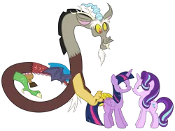 Size: 5922x4442 | Tagged: safe, artist:timeymarey007, derpibooru import, discord, starlight glimmer, twilight sparkle, twilight sparkle (alicorn), alicorn, pony, unicorn, celestial advice, .svg available, absurd resolution, discord the shipper, female, forced kiss, imminent kissing, lesbian, lesbian in front of boys, male, now kiss, shipping, simple background, transparent background, twistarlight, vector