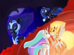 Size: 4000x3000 | Tagged: safe, artist:theunconsistentone, derpibooru import, daybreaker, nightmare moon, princess celestia, princess luna, pony, a royal problem, crying, duality, floppy ears, grin, plot, smiling, sunbutt