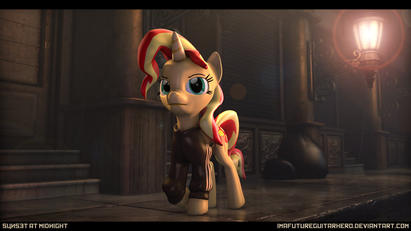 Size: 9600x5400 | Tagged: safe, artist:imafutureguitarhero, derpibooru import, sunset shimmer, pony, unicorn, 3d, absurd resolution, adidas, clothes, hoodie, lamp, lens flare, night, rain, raised eyebrow, reflection, rubbish, sidewalk, solo, source filmmaker, street, tracksuit, walking, wallpaper, wet