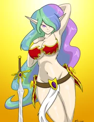 Size: 2550x3300 | Tagged: armor, armpits, artist:evanzblack, belly button, belt, bra, breasts, busty princess celestia, cleavage, clothes, derpibooru import, elf ears, female, gradient background, human, humanized, loincloth, princess celestia, solo, solo female, suggestive, sword, unconvincing armor, underwear, weapon