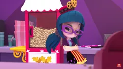 Size: 1366x768 | Tagged: safe, derpibooru import, screencap, juniper montage, equestria girls, 3d, doll, equestria girls minis, food, hasbro, popcorn, stare, toy, youtube link