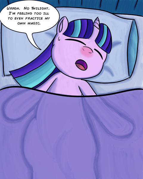 Size: 2400x3000 | Tagged: safe, artist:saburodaimando, derpibooru import, starlight glimmer, pony, unicorn, bed, blanket, cold, dialogue, eyes closed, implied twilight sparkle, on back, open mouth, pillow, red nosed, sick, solo, sweat, sweatdrop