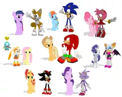 Size: 1024x812 | Tagged: safe, artist:harmony--bunny, derpibooru import, applejack, fluttershy, pinkie pie, rainbow dash, rarity, starlight glimmer, sunset shimmer, twilight sparkle, pony, 3d, amy rose, blaze the cat, cream the rabbit, crossover, knuckles the echidna, mane six, miles "tails" prower, mmd, rouge the bat, shadow the hedgehog, sonic the hedgehog, sonic the hedgehog (series)