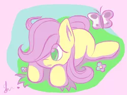 Size: 1600x1200 | Tagged: safe, artist:shapeshifter-fire, derpibooru import, fluttershy, butterfly, pegasus, pony, blank flank, colored pupils, cute, female, filly, filly fluttershy, hair over one eye, looking at something, prone, shyabetes, solo, younger