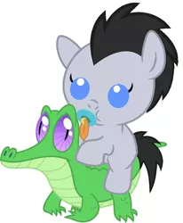 Size: 836x1017 | Tagged: safe, artist:red4567, derpibooru import, gummy, lucky clover, pony, baby, baby pony, cute, pacifier, ponies riding gators, riding, simple background, white background