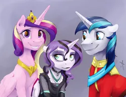 Size: 6600x5100 | Tagged: safe, artist:silfoe, derpibooru import, princess cadance, princess flurry heart, shining armor, alicorn, pony, unicorn, absurd resolution, black lipstick, choker, clothes, commission, dyed mane, ear piercing, eyebrow piercing, family photo, female, fishnets, floppy ears, forced smile, goth, grin, it's a phase, jewelry, lipstick, male, mare, necklace, older, piercing, princess emo heart, shiningcadance, shipping, smiling, stallion, straight, teenage flurry heart, teenager