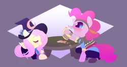 Size: 1006x534 | Tagged: safe, artist:ponycide, derpibooru import, fluttershy, pinkie pie, pony, bard, clothes, drinking, drunk, drunkie pie, fantasy class, final fantasy, final fantasy iii, magus, roleponies, simple background, table