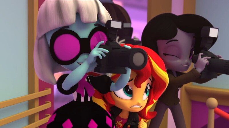 Size: 1920x1080 | Tagged: safe, derpibooru import, screencap, photo finish, sunset shimmer, equestria girls, camera, cinema, doll, equestria girls minis, toy