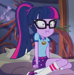 Size: 710x719 | Tagged: safe, derpibooru import, screencap, sci-twi, twilight sparkle, equestria girls, legend of everfree, legend of everfree - bloopers, :i, clothes, cropped, faic, female, glasses, puffy cheeks, shoes, shorts, socks, solo