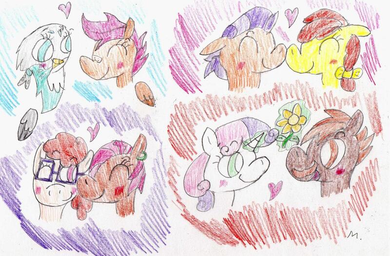 Size: 1388x913 | Tagged: safe, artist:ptitemouette, derpibooru import, apple bloom, babs seed, button mash, gabby, scootaloo, sweetie belle, tender taps, twist, gryphon, babstwist, cutie mark crusaders, female, flower, gabbyloo, heart, lesbian, male, shipping, straight, sweetiemash, tenderbloom, traditional art