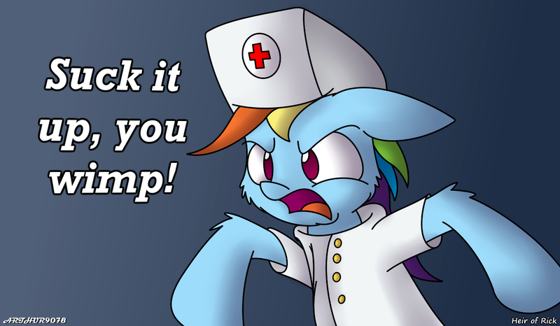 Size: 1372x800 | Tagged: safe, artist:arthur9078, artist:heir-of-rick, derpibooru import, rainbow dash, pegasus, pony, angry, bedside manner, dialogue, floppy ears, gradient background, hat, nurse, nurse outfit, open mouth, rainbow douche, simple background, solo, yelling