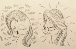 Size: 1200x773 | Tagged: safe, artist:zigragirl, derpibooru import, starlight glimmer, trixie, pony, unicorn, angry, bust, cross-popping veins, duo, eyes closed, female, gritted teeth, mare, monochrome, open mouth, pencil drawing, portrait, simple background, smiling, talking, traditional art