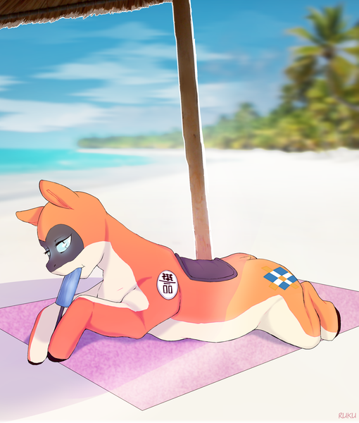 Size: 3915x4603 | Tagged: safe, artist:ruku, derpibooru import, oc, oc:kiva, unofficial characters only, original species, pony, robot, robot pony, absurd resolution, beach, female, food, popsicle, solo, umbrella