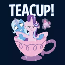 Size: 800x800 | Tagged: safe, artist:xkappax, derpibooru import, starlight glimmer, teacup poodle, trixie, pony, unicorn, all bottled up, cup, floppy ears, simple background, smiling, teacup, that pony sure does love teacups, trixie's puppeteering, unamused