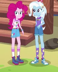 Size: 314x385 | Tagged: safe, derpibooru import, screencap, pinkie pie, trixie, equestria girls, legend of everfree, boots, camp everfree outfits, clothes, converse, cropped, shoes, shorts, socks