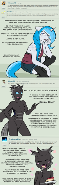 Size: 1000x3096 | Tagged: suggestive, artist:askbubblelee, derpibooru import, oc, oc:bubble lee, oc:imago, unofficial characters only, anthro, changeling, unguligrade anthro, unicorn, anthro oc, barbie doll anatomy, breasts, changeling oc, clothes, cute, deviantart, disguise, disguised changeling, fangs, featureless breasts, featureless crotch, female, freckles, mare, ocbetes