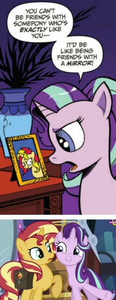 Size: 410x1055 | Tagged: safe, derpibooru import, idw, starlight glimmer, sunset shimmer, pony, unicorn, equestria girls, mirror magic, spoiler:eqg specials, dialogue, duo, female, irony, looking at each other, mare, open mouth, picture, smiling