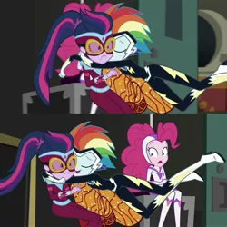 Size: 1920x1920 | Tagged: safe, derpibooru import, screencap, fili-second, masked matter-horn, pinkie pie, rainbow dash, sci-twi, twilight sparkle, zapp, equestria girls, movie magic, spoiler:eqg specials, clothes, costume, eyes closed, female, geode of super speed, glomp, magical geodes, power ponies, shipping fuel