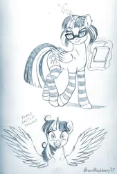 Size: 720x1063 | Tagged: safe, artist:brianblackberry, derpibooru import, twilight sparkle, twilight sparkle (alicorn), alicorn, pony, adorkable, clothes, cute, dork, excited, female, glasses, mare, monochrome, open mouth, sketch, socks, solo, spread wings, striped socks, traditional art, wide eyes, wings