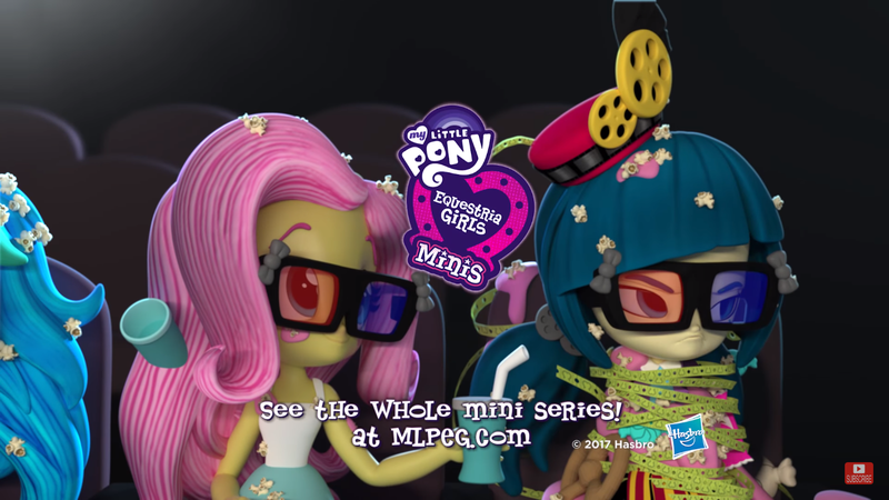 Size: 1366x768 | Tagged: safe, derpibooru import, screencap, fluttershy, juniper montage, rainbow dash, equestria girls, the show must go on, cinema, doll, equestria girls minis, food, popcorn, toy