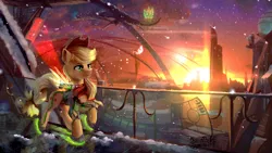 Size: 1920x1080 | Tagged: safe, artist:discordthege, derpibooru import, applejack, earth pony, pony, city, clothes, cowboy hat, female, freckles, futuristic, hat, mare, scenery, scenery porn, snow, solo, stellaris, stetson