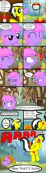 Size: 750x2800 | Tagged: safe, artist:toyminator900, derpibooru import, oc, oc:melody notes, oc:uppercute, unofficial characters only, earth pony, pegasus, pony, :o, :t, angry, bad handwriting, barrel, burning, bush, comic, cottage, crate, disgusted, duo, eating, exclamation point, eyes closed, female, fire, fire hair, flower, food, freckles, frown, grammar error, hay, hay bale, heart, horseshoes, house, literal butthurt, looking at you, mare, mountain, open mouth, pain, paper, pineapple, plot, pointing, ponyville, prank, raised hoof, revenge, screaming, sign, smiling, snorting, speech bubble, spit take, spitting, suspicious, tape, thought bubble, tomato, tongue out, tree, underhoof, wall of tags, windmill