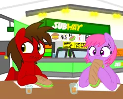 Size: 708x569 | Tagged: safe, alternate version, artist:toyminator900, derpibooru import, oc, oc:chip, oc:melody notes, unofficial characters only, pony, duo, food, juice, remake, sandwich, subway