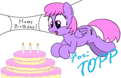 Size: 2389x1548 | Tagged: safe, artist:an-tonio, artist:toyminator900, derpibooru import, oc, oc:melody notes, unofficial characters only, pegasus, pony, banner, birthday cake, cake, candle, female, folded wings, food, gift art, happy, jumping, mare, open mouth, simple background, smiling, solo, transparent background