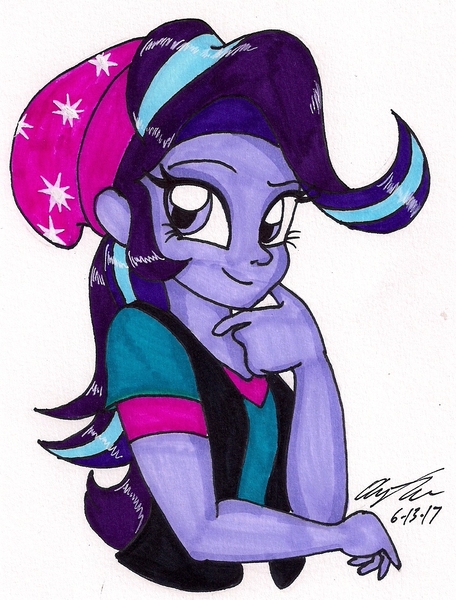 Size: 971x1278 | Tagged: safe, artist:newyorkx3, derpibooru import, starlight glimmer, equestria girls, mirror magic, spoiler:eqg specials, beanie, clothes, female, hat, looking at you, signature, simple background, smiling, solo, traditional art, white background